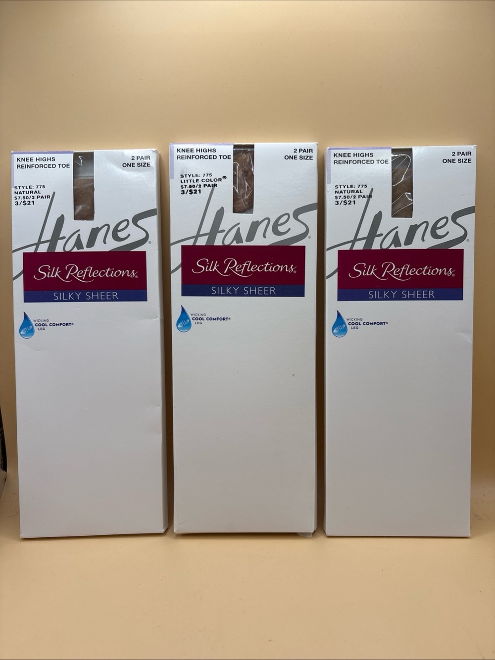 3X VTG NOS 2 Pk Hanes #775 Silk Reflections Silky Sheer Knee High Natural Nylons